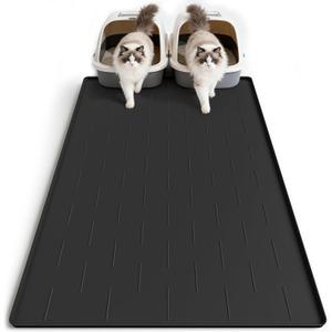 Pieviev Silicone Cat Litter Trapping Mat, 40''x28'' Extra Large Cat Litter Mat, Easy to Clean & Soft on Kitty Paws, Waterproof Kitty Litter Pads for Indoor Cats, Black