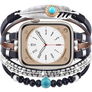 VISOOM Beaded Boho Bracelet CompatibleB For Apple Watch Bands Women 38/40/41/42mm(S10 11),Posh Multilayer Fashion Handmade Leather Wrap For iPhone iWatch Apple Watch Series 10 9 8 SE 7 6 5 4 3 2 1
