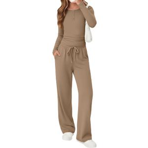 Girls 2 Piece Outfits Matching Sets Long Sleeve Ruched Knit Henley Neck Fitted Tops Straight Leg Pants with Pockets (13-14 Years, Mocha)