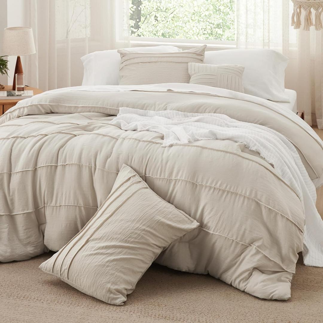 Bedsure Beige Oversized King Size Comforter Set - 4 Pieces Pinch Pleat Bed Set, Down Alternative Bedding Sets for All Season, 1 Comforter, 2 Pillowcases, 1 Decorative Pillow