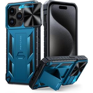 FNTCASE for iPhone 15 Pro Case: Military Grade Drop & Shock Protection Cell Phone Cover with Kickstand & Slide | Rugged Protective Bumper Textured (Blue)