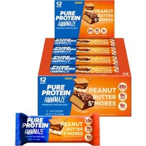Pure Protein AMMMAZE Peanut Butter Smores Bars, 20g Protein, 6g Fiber, 5g Net Carbs, No Added Sugar, High Protein Snack, 12 Count  Meal Replacement Bar for On-the-Go