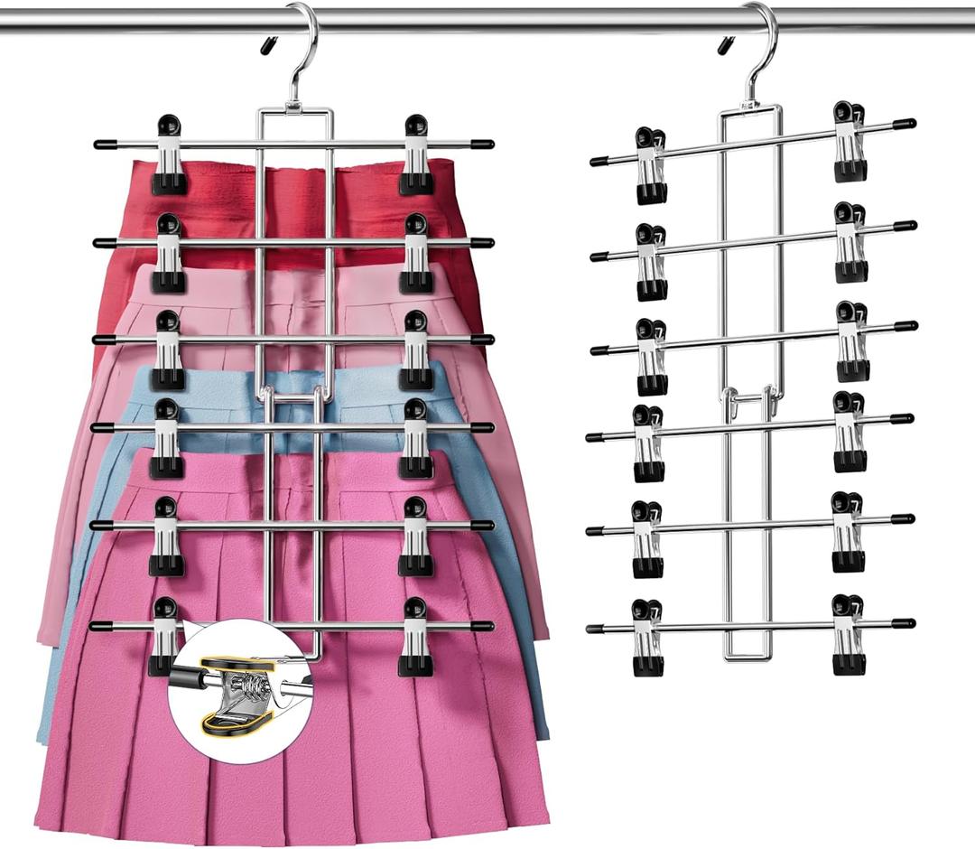 DAMITA Skirt Pants Hangers with Clips Space Saving Hanging Closet Organizer 6 Tiers Hanger with 360 Swivel Hook, Finger-Safe Design- College Dorm Room Apartment Essentials 1-Pack