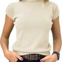 Saodimallsu Womens Short Sleeve Sweater Mock Neck Summer Casual Basic Knit Slim Fitted Pullover Tops Shirt, Apricot, Large