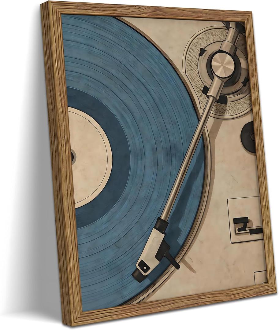 REZFGU Vintage Record Player Wall Art Canvas Framed Poster Painting Print Picture, Retro Vinyl Turntable Artwork, Music Lover Aesthetic Decor for Living Room Bedroom Studio Home Decoration 16x24 Inch