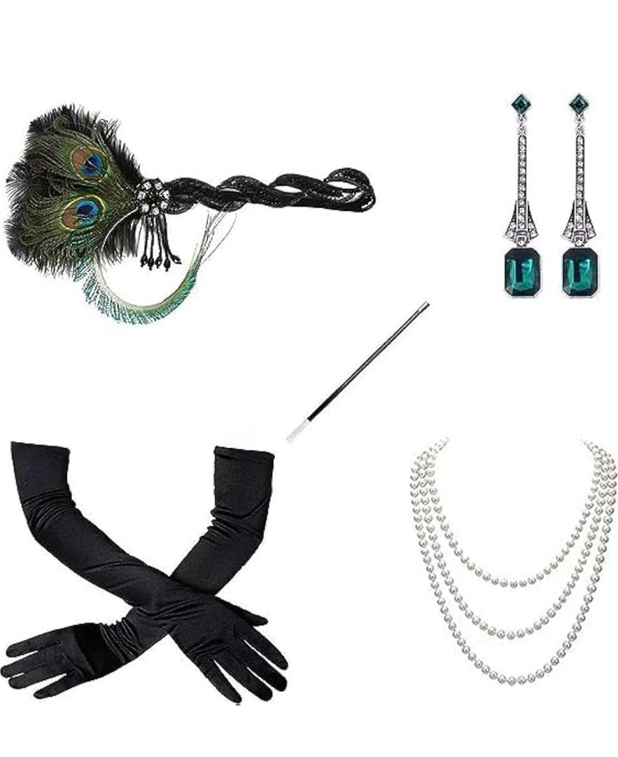 1920s Flapper Accessories Set for Women, Roaring 20s Great Gatsby Feather Headband Accessories for Weeding Bride Green