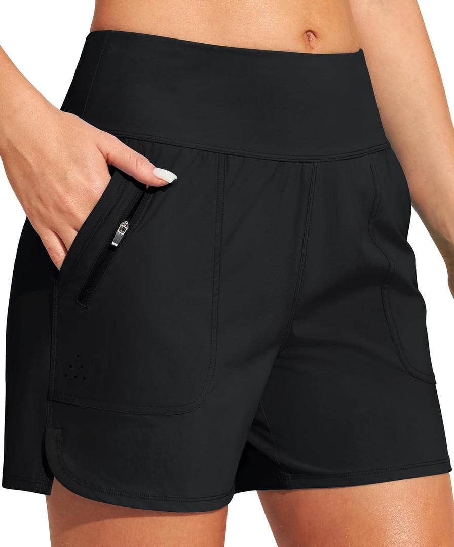 Heathyoga 5" Swim Board Shorts Women Strechy High Waisted Bathing Suits Bottoms Quick Dry UPF 50+ Beach Shorts with Liner (X-Large, Black)