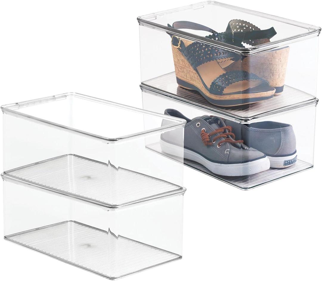 mDesign Stackable Plastic Closet Storage Container Bin Box with Hinge Lid for Organizing Shoes, Booties, Pumps, Sandals, Wedges, Flats, Heels - Lumiere Collection - 4 Pack - Clear