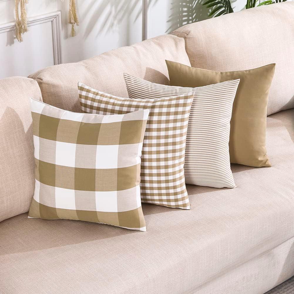 CARRIE HOME Modern Farmhouse Decor Brown Pillow Covers 18x18 Khaki Neutral Plaid Couch Throw Pillows 18 x 18 Set of 4 Brown Buffalo Check Decorative Pillow for Bedroom and Living Room
