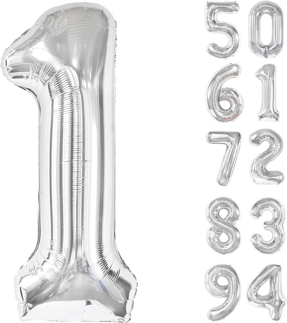 40 Inch Silver 1 Balloon for First Birthday, 1st Number Balloons Birthday Decorations for Girl Boy Kids Toddler Baby, One Giant Number 1 Balloon