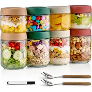 Qipecedm 8 Pack Overnight Oats Containers with Lids, Large & Small Glass Mason Jars 16oz & 10 oz, Breakfast Oatmeal Container to Go, Salad Meal Prep Jars for Food Storage, Mush Chia Seed Pudding Jars