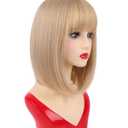 NOTICEME 14 Inch Blonde Bob Wig with Bangs, Short Straight Synthetic Heat Resistant Wigs for Women with Adjustable Straps & Wig Cap for Party Cosplay Daily Use