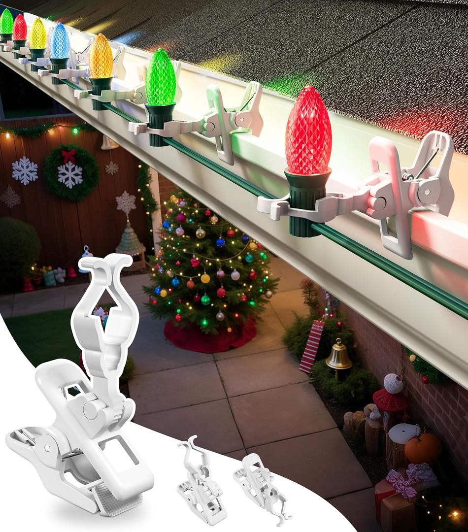 C7 C9 Christmas Lights Clips, 25 Count Holiday Lights Quick Spring Clips, Shatterproof Shingle and Gutter Clips for E12, E17 Socket, Rope Lights Roofline Fence Railing Mantel Christmas Trees, White