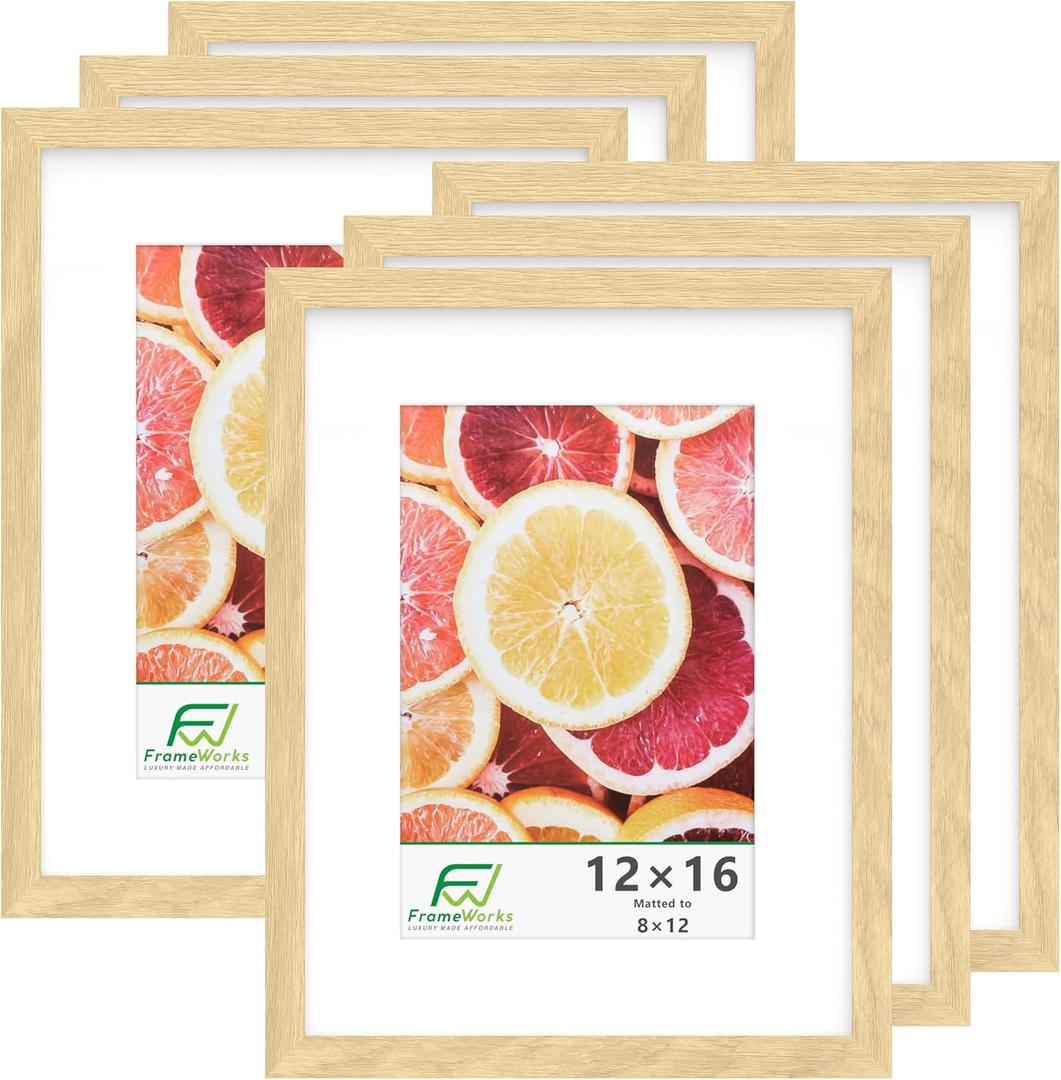 FrameWorks 12x16 mat to 8x12 Classic Wooden Picture Frames With Tempered Glass | Natural Oak | 6-Pack