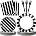 96 PCS Black and White Party Plates Napkins Striped Dinnerware Set Black and White Party Tableware Disposable Paper Plates Napkins Party Decorations Supplies Favors for 24 Guests