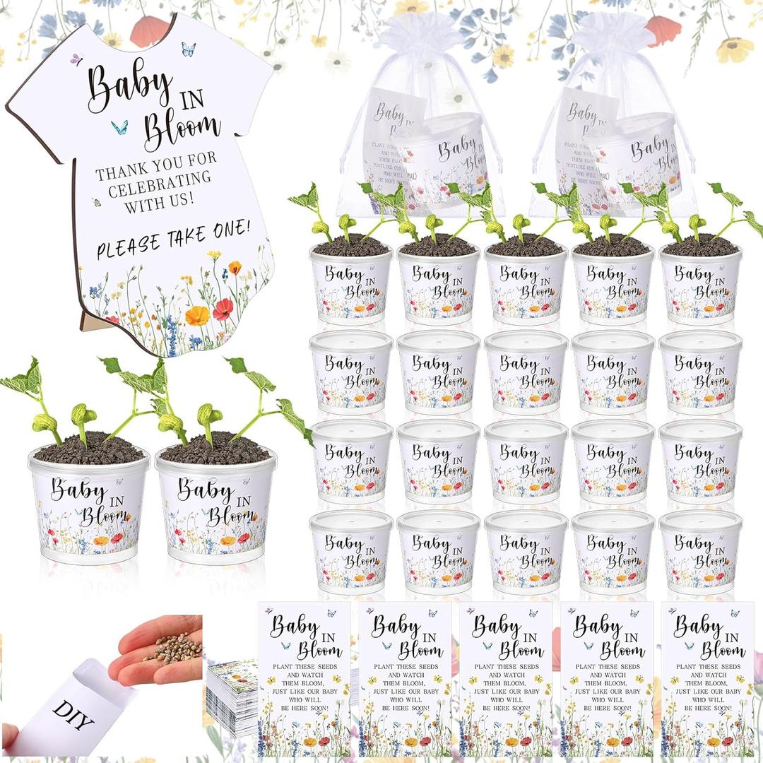 Hushee 151 Pcs Wildflower Baby in Bloom Baby Shower Decorations, Include 1 Greenery Sign 50 Wildflower Seed Packet 50 Mini Grow Flower Pots with 50 Bags Babys in Bloom Favors for Gender Reveal Gift