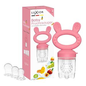 Luxior Fruit Dummy Baby Set Raspberry Fruit Teat for Baby + 3 Attachments Dummy for Filling with Fruit, Vegetables, Porridge & Baby Food Fruit Teat Baby from 3 Months BPA-Free Teething Aid