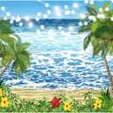 7x5FT Summer Beach Backdrop Tropical Flower Palm Tree Seaside Landscape Decoration Backdrop Storm Sea Wave Illustration Light String Backdrop Wedding Baby Shower Backdrop XY22
