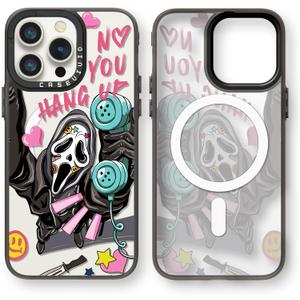 Magnetic for iPhone 15 Pro Magsafe Case Cute Aesthetic - Durable Fashion Funny Phone Case - Girly Skeleton Skull Pattern Print Cover Design for Woman Girl 6.1 inches Black
