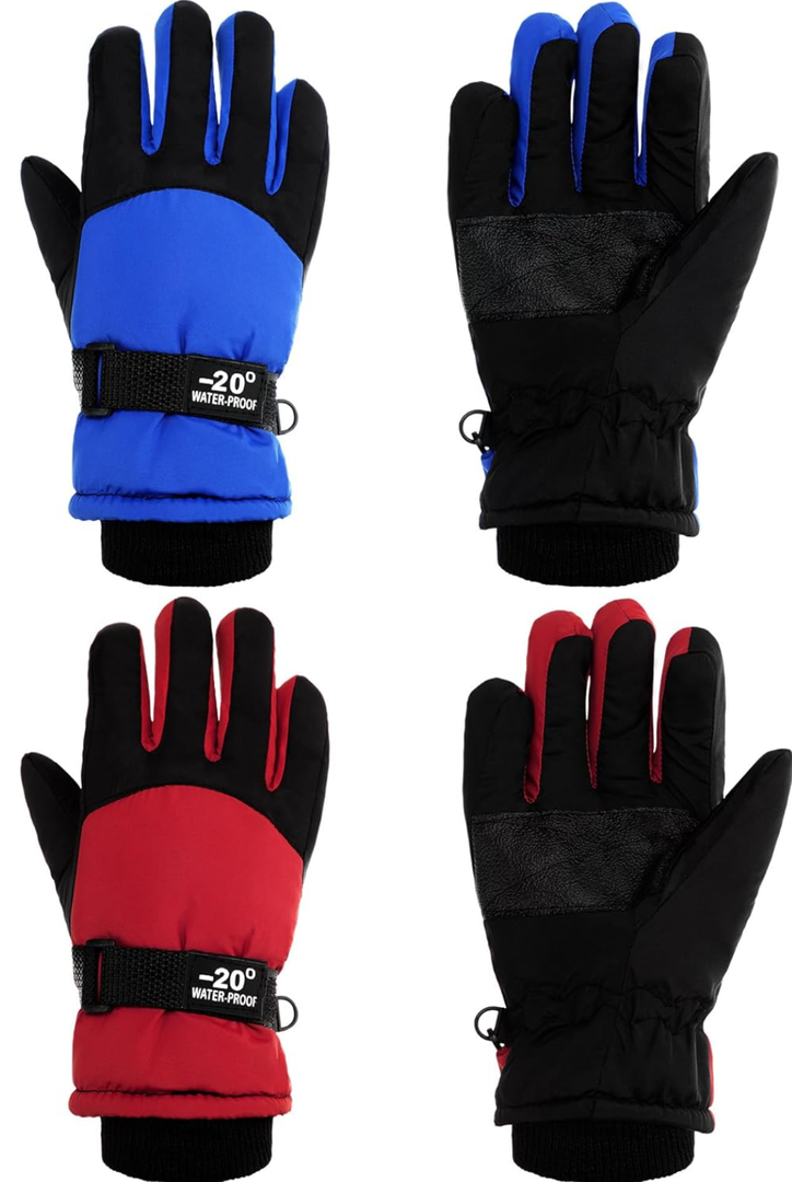 SATINIOR 2 Pairs Kids Waterproof Winter Snow Gloves Ski Gloves for Boy Girl Outdoor Warm Thickening Snowboar, Color Red and Blue, 6-10 Years