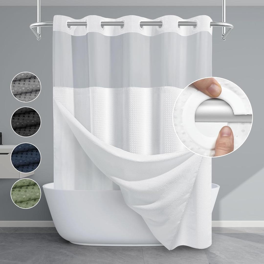 EUTXL White No Hook Shower Curtain with Snap in Liner,230GSM Waffle Weave Shower Curtains for Bathroom,71W x 74H