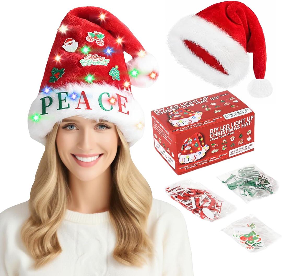 Light Up Santa Hat with DIY Stickers, Extra Thick Velvet Christmas Hat for Adults Unisex for New Year Holiday Party & Christmas Decorations