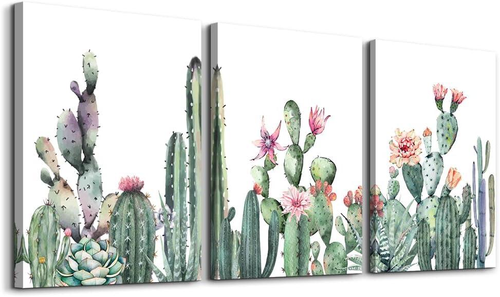 Canvas Wall Art For Living Room Bathroom Wall Decor For Bedroom Kitchen Artwork Canvas Prints Green Succulent Cactus Painting 16" X 24" 3 Pieces Modern Framed Office Home Decorations Family Picture