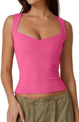 QINSEN Women's Sexy Sweetheart Neck Sleeveless T Shirts Double Lined Tees Slimming Fit Tops, Medium