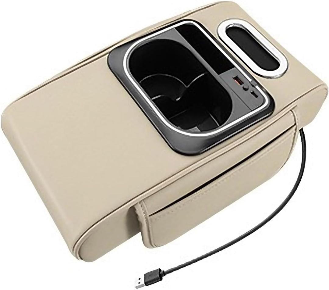 Universal Car Armrest Box Height Increasing Pad, Multifunctional Storage Box with Tissue Holder, Cup Holder, USB Charging Port (Beige)