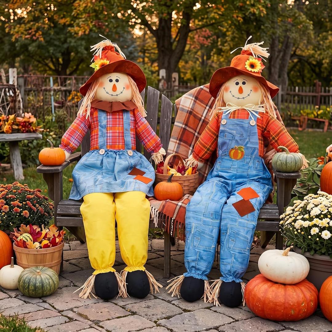 Libima 2 Pack 60" Sitting Scarecrows Fall Harvest Thanksgiving,Charming