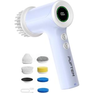 PUFTEM Shower Scrubber, Electric Spin Scrubber for Bathroom Cleaning Cordless Shower Cleaner Brush with 6 Brush Heads, Dual-Direction Rotation, for Grout, Tile, Tub, Sink & Corners, Purple