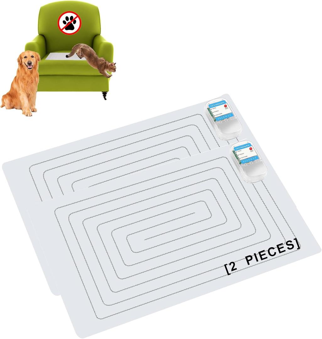 SEERWAY Scat Pet Shock Mat 2 Pieces, Shock Pads for Dogs and Cats Training Indoor, Electric Repellent Mat Keeps Pets Off Couch, Sofa, Countertop, 3 Modes, 2 Pieces Same Size, Battery Operated