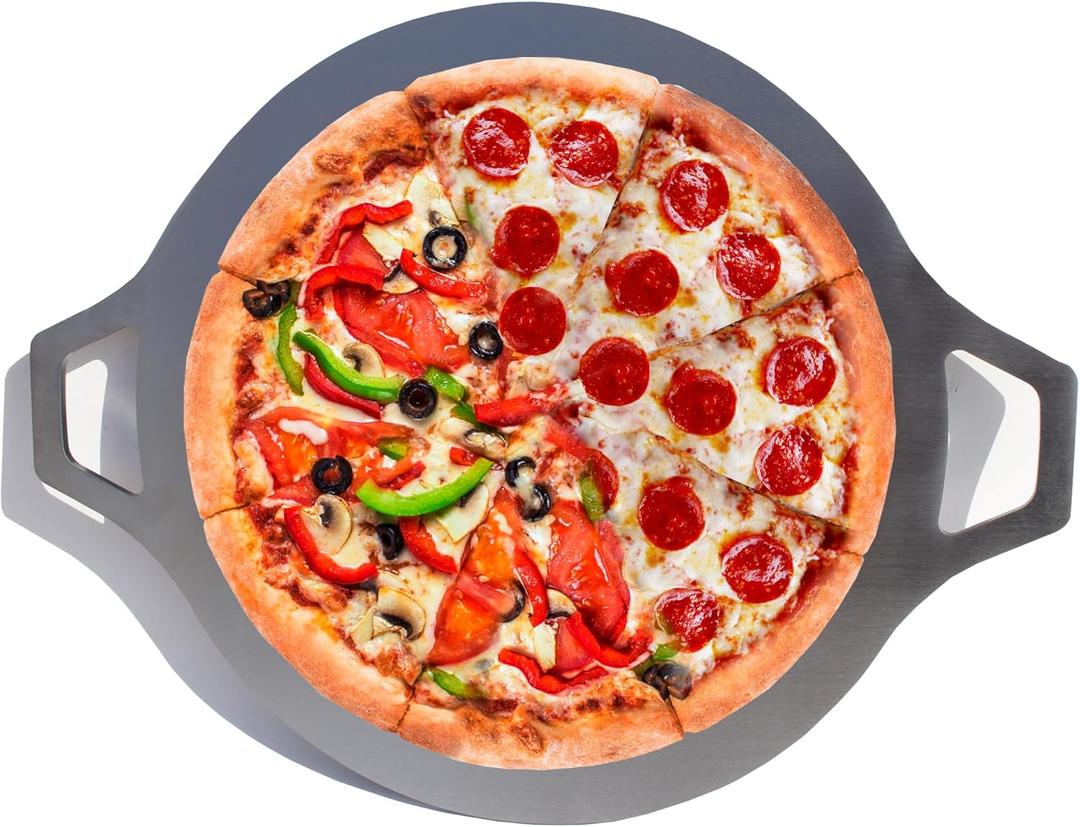 Pizza Steel for Oven & Grill  Heavy Duty Baking Steel Pizza Stone, Round Baking Steels with Dual HandlesCarbon Pizza Pan for Crispy Crust, Bread, Cooking & BBQ (13.5" Circ)