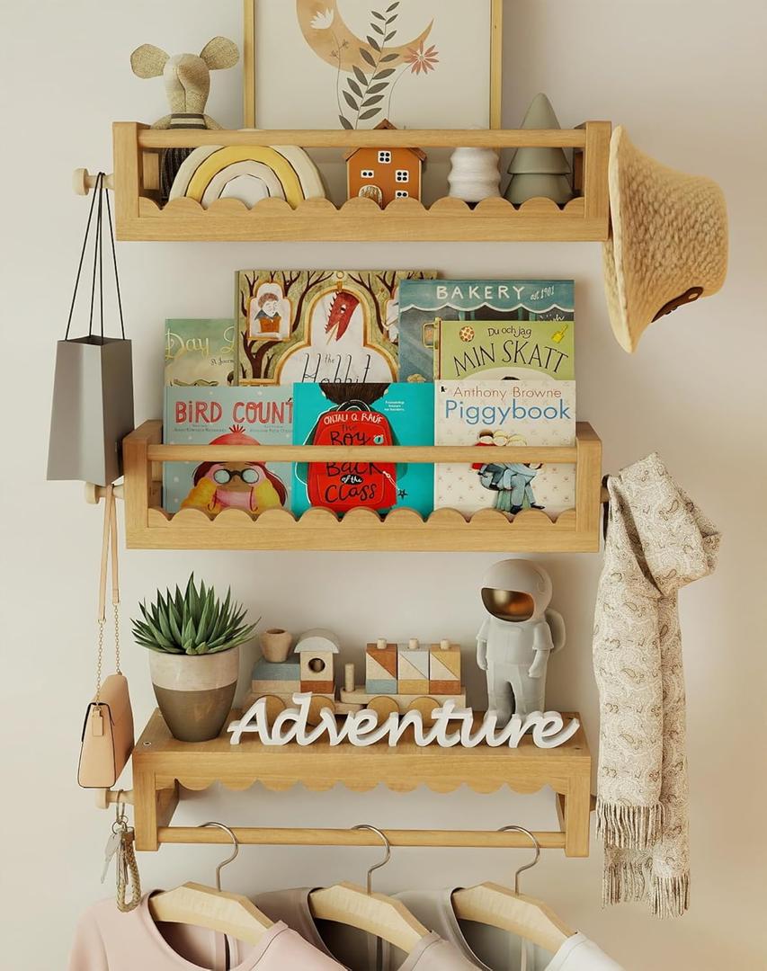 Kids' Wall Bookshelves – Set of 3 Scalloped Floating Shelves, 0.8" Thick Nursery Book Shelves with Wooden Hooks, Perfect for Boys & Girls – Decorative Wall Organizer for Toys, Photos & Decor, Brown