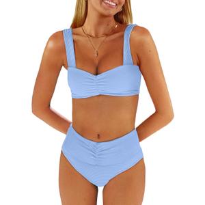 ANRABESS Bathing Suit for Women Tummy Control Bikini Set 2025 Beach Front Ruched Mid Waist Swimsuit with Adjustable Straps (Medium, Light Blue)