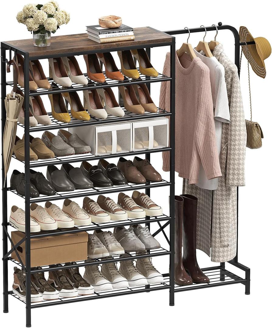 Shoe Rack with Coat Rack, 8 Tier Tall Shoe Storage Organizer with Hooks, 3-in-1, Wooden Top Shelf, Sturdy Frame, Metal Clothes Hanger Stand for Entryway, Closet, Rustic Brown and Black