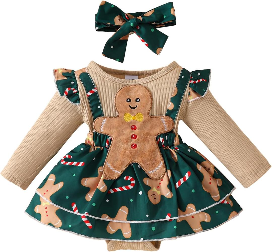 mlpeerw My First Christmas Baby Girl Outfit Newborn Christmas Romper Dress Cute Santa Dress Infant Fall Winter Xmas Clothes (3-6 Months, A Gingerbread Man-green)