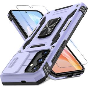 DEERLAMN Case for Samsung Galaxy S24+ Plus with Slide Camera Cover+Screen Protector (1 Pack), Rotated Ring Kickstand Military Grade Shockproof Protective Cover-Light Purple (S24 Plus-6.7 Inch)