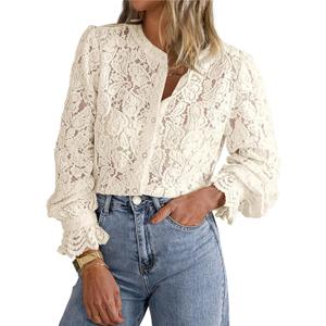 PRETTYGARDEN Women's Dressy Casual Lace Blouse Long Sleeve Button Up Shirts Tops Spring Fall Fashion Clothes  (Beige, Small)