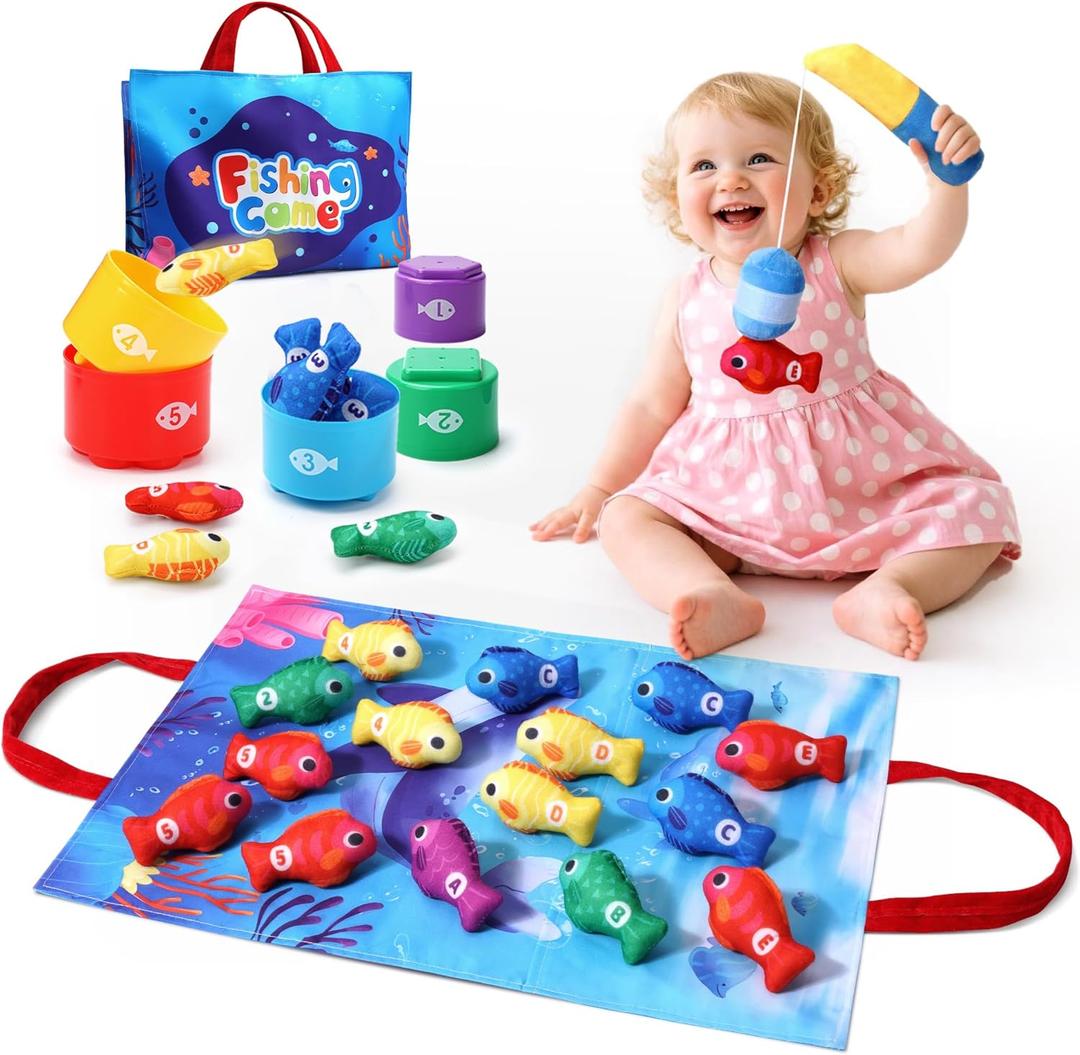 Toys for 1 Year Old Girl Boy, Montessori Baby Toys 12-18 Months, Cloth Fishing Game with Stacking Cups, 1 Year Old Girl Boy Gifts, Toddler Learning Toy 1 2 3 Year Old, 1st First Birthday Gifts