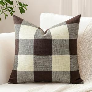 OTOSTAR Buffalo Check Decorative Throw Pillow Cover Outdoor Farmhouse Rustic Linen Plaid Square Pillow Cushion Case for Sofa Couch Bed Patio Home Decor 16x16 Inches, Brown
