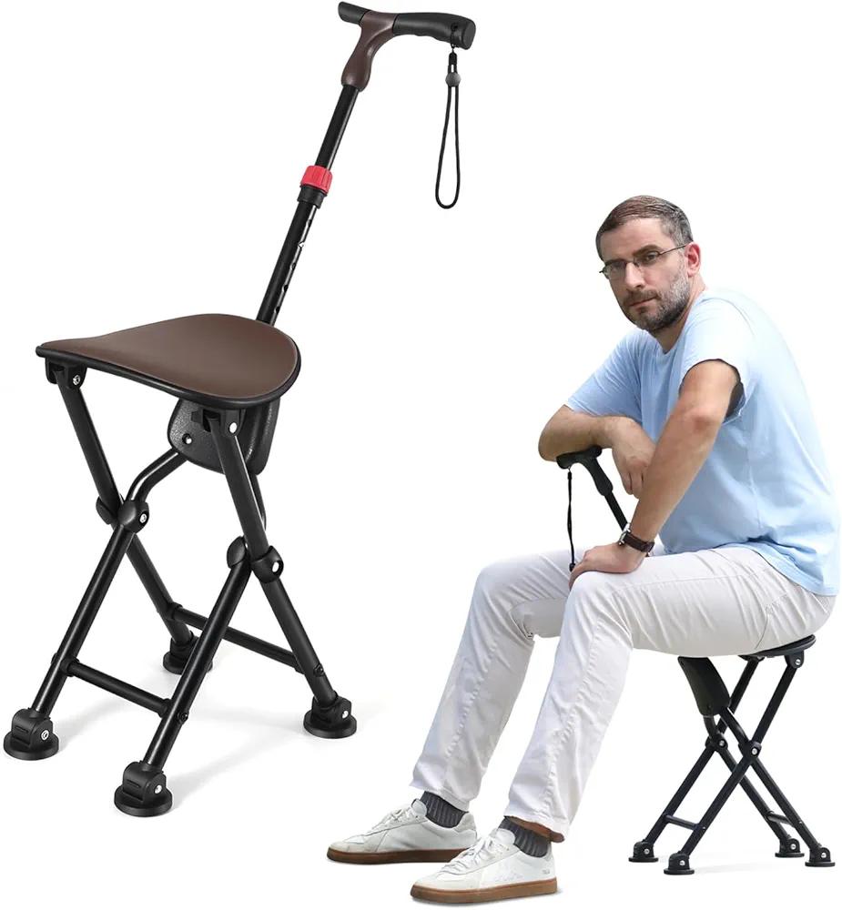 Hold 400 lbs Folding Canes with Seat, Allows Durability While Walking and Convenience for Sitting, Aluminum Portable Anti-Slip Cane Seat, Height-Adjustable Walking Cane.