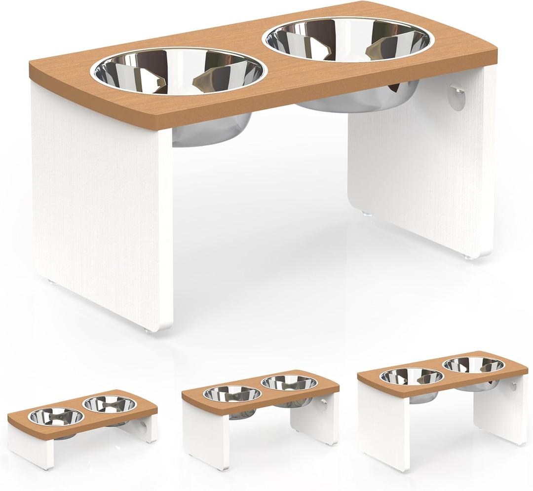 Elevated Dog Bowls, Waterproof Raised Dog Bowl for Medium & Large Dogs, HIPS Poly Lumber Stand with 2 Stainless Steel Bowls, Indoor & Outdoor Use (10'' Tall48 oz Bowl, Teak-White)