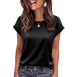 BTFBM Summer Tops for Women 2026 Dressy Satin Blouses Loose Crew Neck Short Sleeve Shirts Work Business Casual Outfits (Black, M)