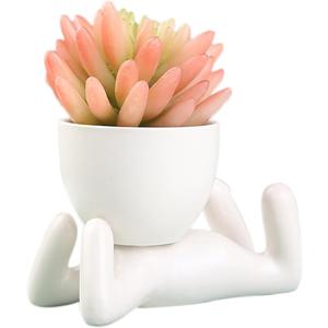 DIYOMR Cute Humanoid Ceramic Planter Pot, 4.3 White Doll Small Succulent Bonsai Pots Cactus Container Creat Design for Home Office Desktop Decor, Not Include Plants (White B)