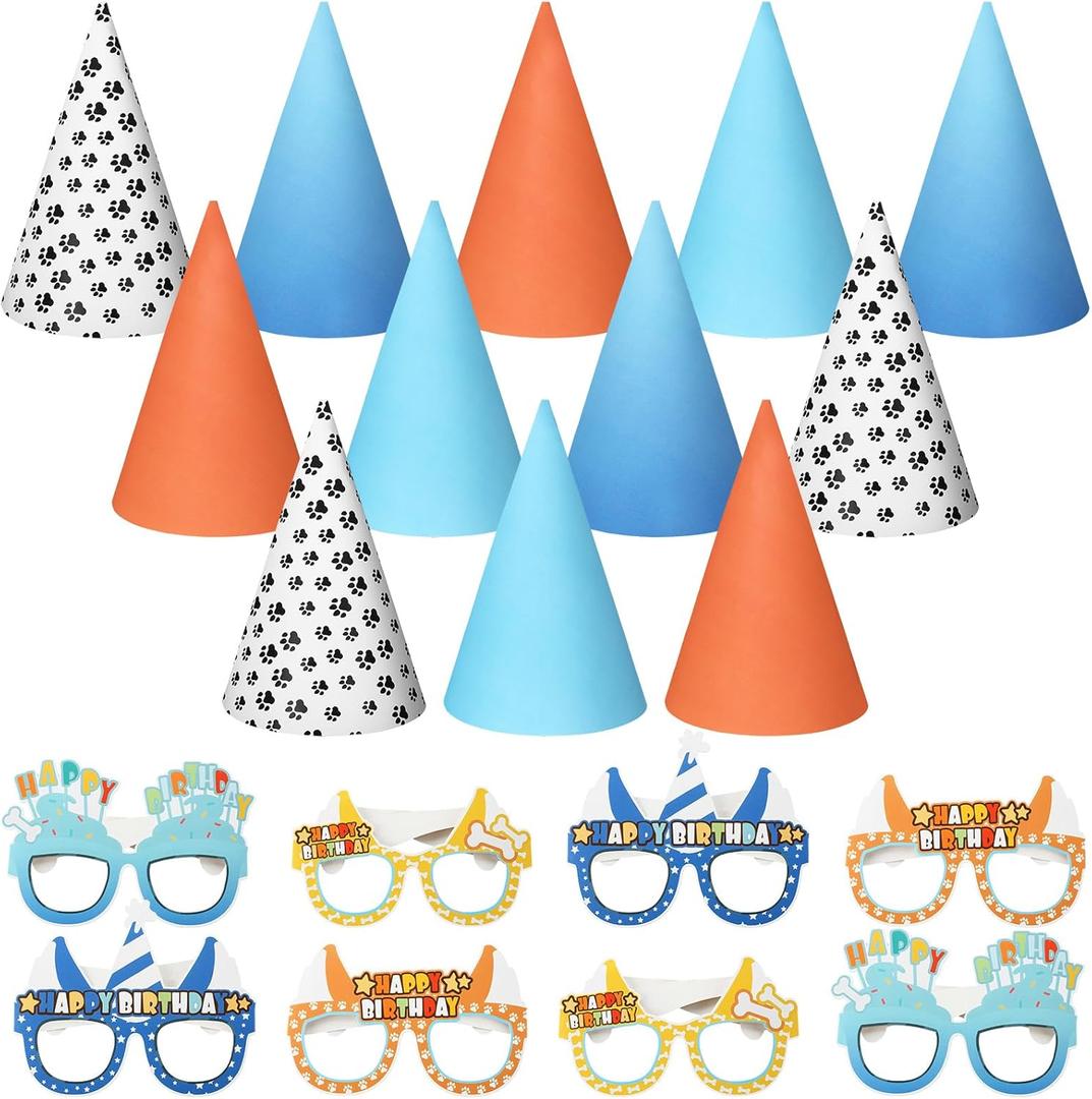 24Pcs Blue Dog Birthday Party Supplies 12 Blue Dog Party Cone Hats and 12 Paper Sunglasses for Teens Adults Family