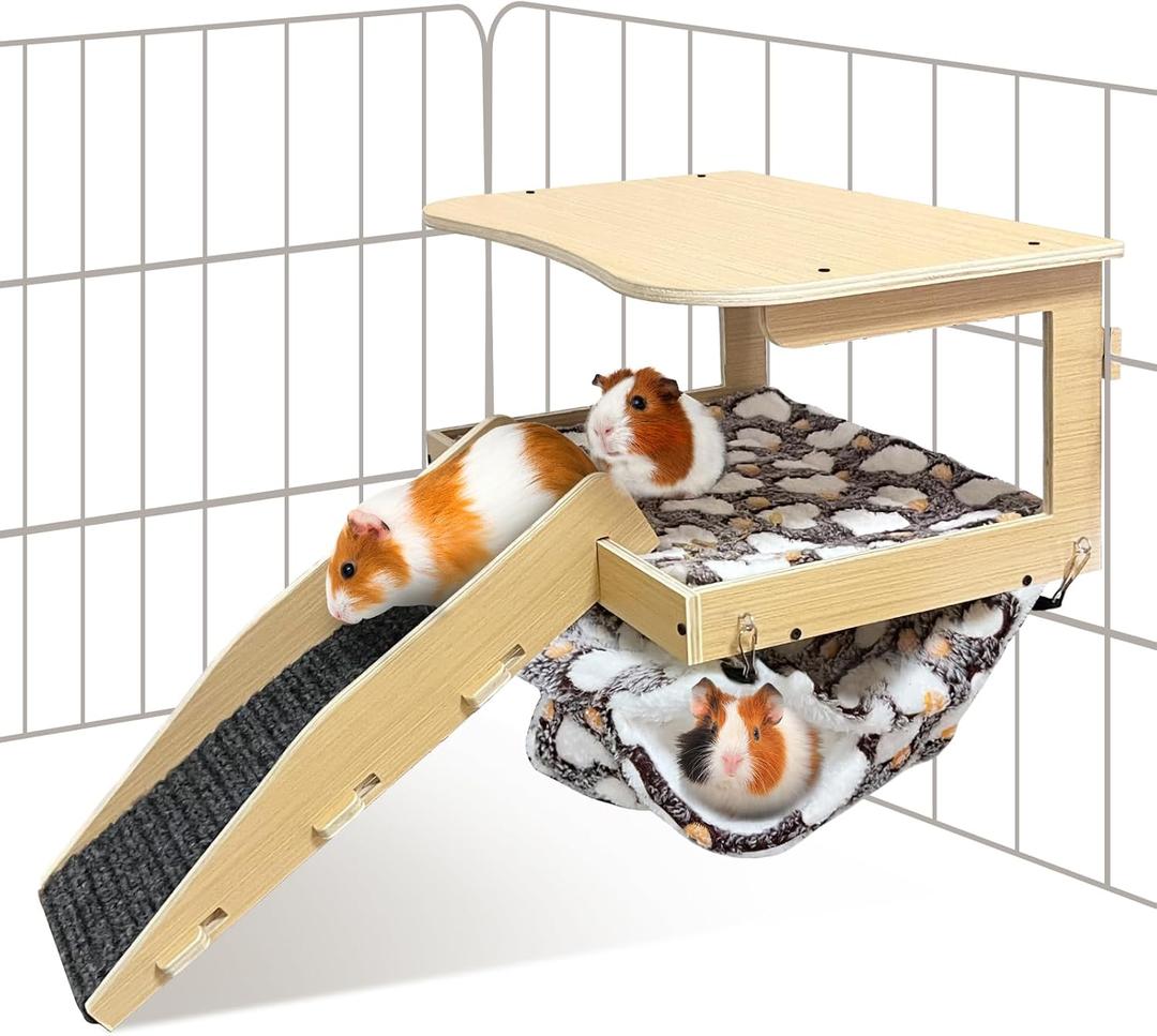 Guinea Pig HideoutNatural Wood Removable Guinea Pig Bed, Small Animal Habitat with Hanging Hammock/Staircase/Cushion, Suitable for Small Animals to Hide, Rest, Play