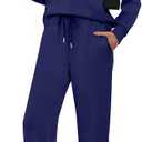 WIHOLL Lounge Sets for Women 2025 V Neck 2 Piece Outfits Airport Wide Leg Pants Matching Set Sweatsuits (Medium, 03 - Navy Blue)