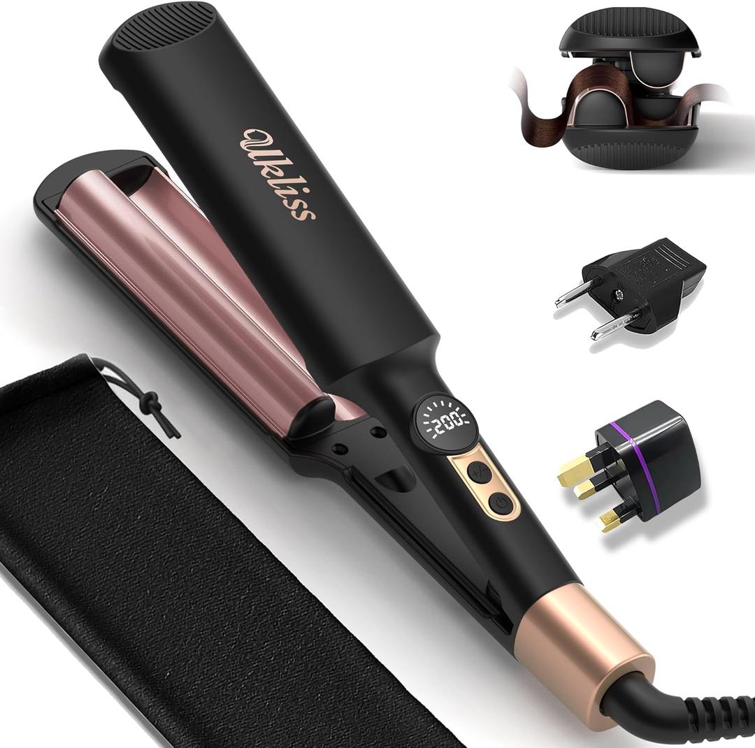Ukliss Crimper Hair Tool Mini 0.4 Inch Travel Waver Hair Tool for Women Small Double Barrel Waver S Curling Iron Dual Voltage (110-240V) with European Plug Adapter, 5 Temps, Anti-scalding (Black Gold)