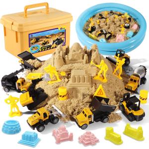 Play Construction Sand Kit,2.2lbs Magic Sand,8 Alloy Construction Vehicles,1 Inflatable Sandbox,8 Worker Figures and Road Signs,6 Castle Molds,1 Storage Box, Sensory Toys for Kids Ages 3+